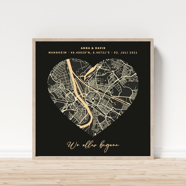 Gift for anniversary, wedding, engagement | City map in gold | Personalized picture for boyfriend & girlfriend | Print on aluminum dibond | vmaps