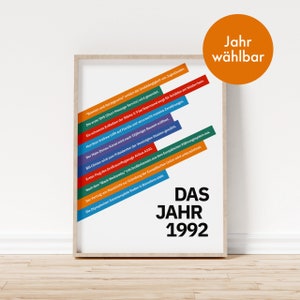 Op de afbeelding: Een wit ingelijste poster met een zwarte achtergrond en de tekst "DAS JAHR 1992" in grote zwarte letters. De poster somt historische gebeurtenissen op die in 1992 plaatsvonden, waaronder het eerste SMS-bericht, de ondertekening van het Verdrag van Maastricht en de Olympische Zomerspelen in Barcelona.