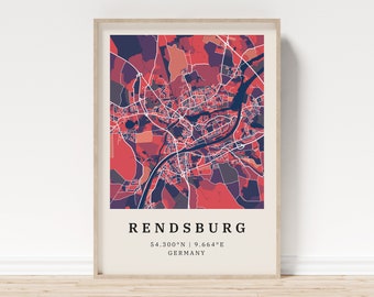 Rendsburg | Poster Stadtplan | Moderne Stadtkarte mit Mosaik-Muster | Poster mit Koordinaten für Zuhause | Wandbild | Wandschmuck | Landhaus
