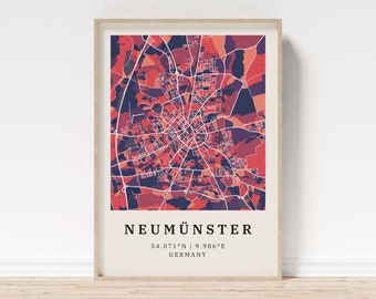 Neumünster | Poster Stadtplan | Moderne Stadtkarte mit Mosaik-Muster | Poster mit Koordinaten für Zuhause | Wandbild | Wandschmuck