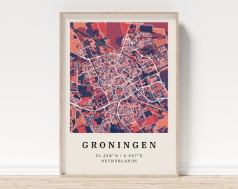 Groningen | Poster Stadtplan | Moderne Stadtkarte mit Mosaik-Muster | Poster mit Koordinaten für Zuhause | Wandbild | Wandschmuck | Landhaus