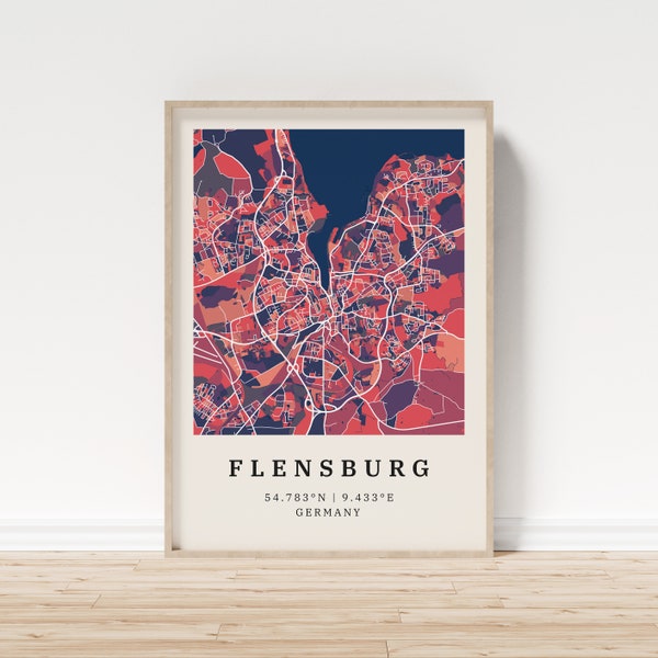 Flensburg | Poster Stadtplan | Moderne Stadtkarte mit Mosaik-Muster | Poster mit Koordinaten für Zuhause | Wandbild | Wandschmuck | Landhaus