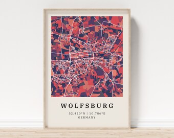 Wolfsburg | Poster city map | Modern city map with mosaic pattern | Poster with coordinates for home | Mural | Wall decoration | country house