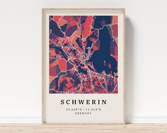 Schwerin | Poster city map | Modern city map with mosaic pattern | Poster with coordinates for home | Mural | Wall decoration | country house