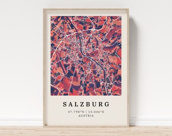 Salzburg | Poster Stadtplan | Moderne Stadtkarte mit Mosaik-Muster | Poster mit Koordinaten für Zuhause | Wandbild | Wandschmuck | Landhaus