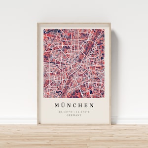 Monaco | Poster Mappa della città | Mappa della città moderna con motivo a mosaico | Poster con coordinate per la casa | Murale | decorazione murale | casa di campagna