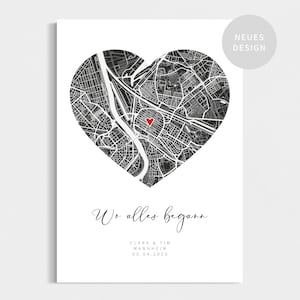Może przedstawiać: Czarno-biała mapa miasta w kształcie serca z czerwonym sercem w środku. Tekst "Wo alles begann" jest napisany kursywą pod mapą. Tekst "CLARA & TIM MANNHEIM 05.04.2020" jest napisany pod tekstem kursywą.