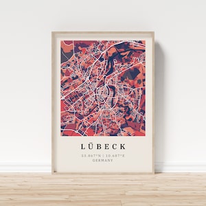 Lübeck | Poster Stadtplan | Moderne Stadtkarte mit Mosaik-Muster | Poster mit Koordinaten für Zuhause | Wandbild | Wandschmuck | Landhaus