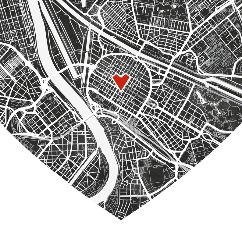 Może przedstawiać: Czarno-biała mapa miasta z czerwonym sercem w centrum.