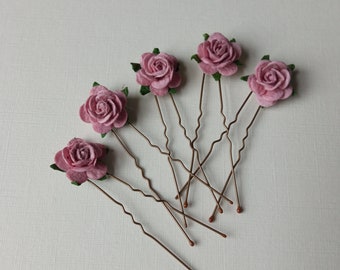 Dusky Pink Rose Hair Pins Bridesmaids Blush Bridal Wedding Party Clips Bride Flower Girl Headband Piece Birthday Party Alice band Tiara