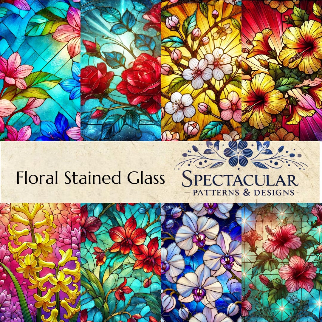 Floral Stained Glass Seamless Patterns: Fine Art Digital Paper (12x12 ...
