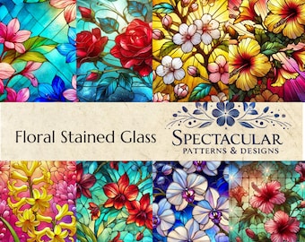 Floral Stained Glass Seamless Patterns: Fine Art Digital Paper (12x12, 300 DPI) (Digital Download)
