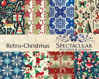 Retro Christmas Seamless Patterns: 1950s Holiday Designs (Digital Download)