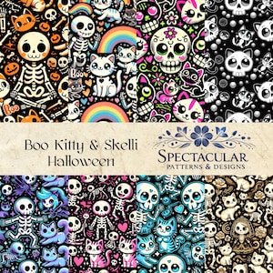 May include: Four different Halloween themed patterns featuring cute cartoon cats, skeletons, and skulls. The patterns are on a black background with colorful accents. The text "Boo Kitty & Skelli Halloween" and "SPECTACULAR PATTERNS & DESIGNS" is at the top of the image.