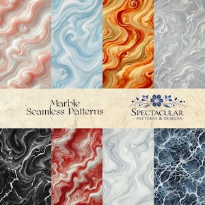May include: A set of eight seamless marble patterns in various colors, including pink, blue, orange, gray, black, red, white, and blue. The patterns are all abstract and feature swirling, flowing lines. The text "Marble Seamless Patterns" is displayed in the center of the image.