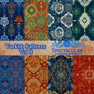 Puede incluir: Un collage de ocho patrones turcos en azul, rojo, dorado y verde. Los patrones son intrincados y detallados, con formas geométricas y motivos florales. El texto "Turkish Patterns Vol II" y "SPECTACULAR PATTERNS & DESIGNS" se muestra en la imagen.