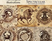 Zodiac Illustrations: Sepia Astrological Art Collection (Digital Download)