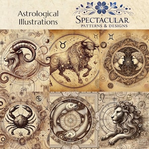 May include: A vintage-style illustration of the 12 zodiac signs. Each sign is depicted in a circular frame with intricate details and astrological symbols. The signs include Aries, Taurus, Gemini, Cancer, Leo, Virgo, Libra, Scorpio, Sagittarius, Capricorn, Aquarius, and Pisces.