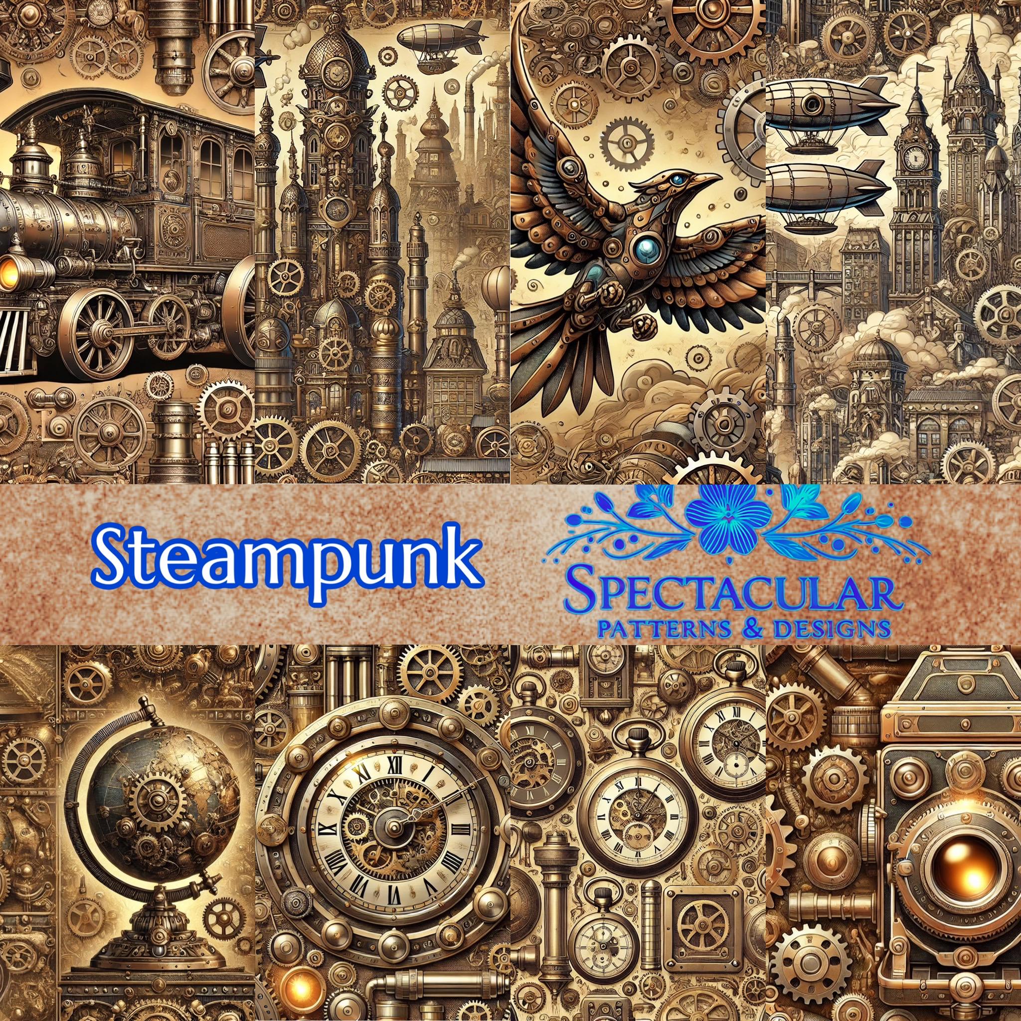 Steamless Patterns 36 Steampunk Seamless Patterns: Brass Gears, Dragons, Robots (12
