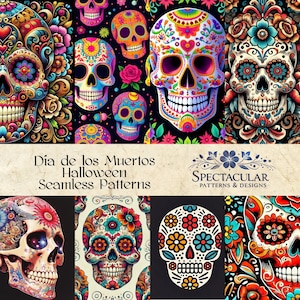 Pode incluir: Um conjunto de seis padrões digitais sem costura coloridos com caveiras de açúcar com desenhos florais. Os padrões são perfeitos para o Halloween ou as celebrações do Dia dos Mortos.