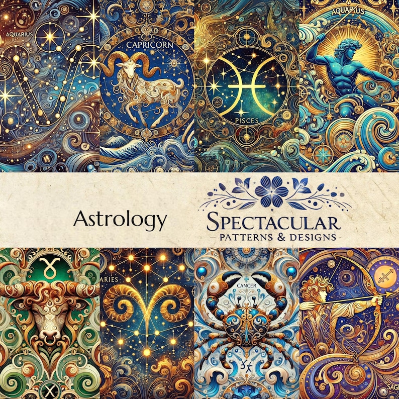 May include: A colorful collage of astrological signs, each with a unique design. The signs include Taurus, Aries, Cancer, Sagittarius, Capricorn, Aquarius, Pisces. The title "Astrology" and "SPECTACULAR PATTERNS & DESIGNS" are displayed at the top.