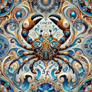 May include: A blue and gold crab with intricate details, surrounded by a swirling pattern of blue and gold. The word "CANCER" is written above the crab, and the Chinese character for "crab" is written below it.
