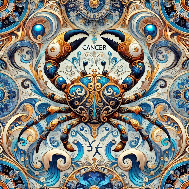 May include: A blue and gold crab with intricate details, surrounded by a swirling pattern of blue and gold. The word "CANCER" is written above the crab, and the Chinese character for "crab" is written below it.