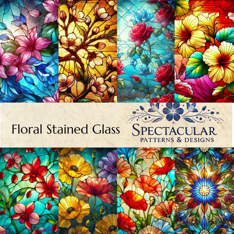 Floral Stained Glass Seamless Patterns: Fine Art Digital Paper (12x12 ...