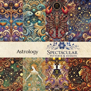 May include: A collage of colorful illustrations depicting the twelve zodiac signs. Each sign is surrounded by intricate patterns and celestial imagery. The title "Astrology" and "SPECTACULAR PATTERNS & DESIGNS" are displayed at the top of the collage.