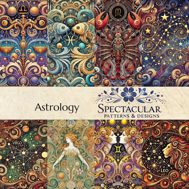 May include: A collage of colorful illustrations depicting the twelve zodiac signs. Each sign is surrounded by intricate patterns and celestial imagery. The title "Astrology" and "SPECTACULAR PATTERNS & DESIGNS" are displayed at the top of the collage.
