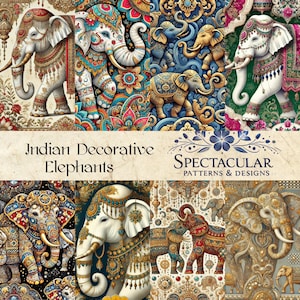 Puede incluir: Un collage de imágenes coloridas con elefantes decorativos indios con intrincados patrones y diseños. El texto "Indian Decorative Elephants" y "SPECTACULAR PATTERNS & DESIGNS" se muestra.