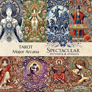 22 patrones sin costuras ornamentados del Tarot de los Arcanos Mayores: diseños intrincados de estilo Art Nouveau: descarga digital de alta resolución de 12 x 12 pulgadas, 300 DPI