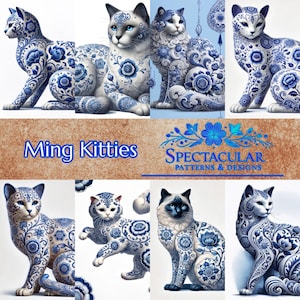 May include: A collage of nine images featuring cats with blue and white Ming Dynasty porcelain designs. The text "Ming Kitties" and "SPECTACULAR PATTERNS & DESIGNS" is featured in the collage.