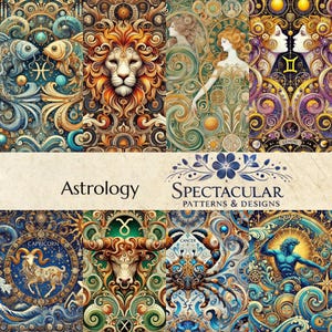 26 wzorów bezszwowego zodiaku - kolekcja ozdobnych znaków astrologicznych - 12x12" 300 DPI wysoka rozdzielczość do tworzenia i drukowania na żądanie