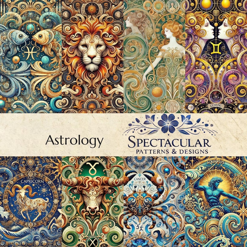 Zodiac Seamless Patterns: Ornate Astrological Art (Digital Download) image 1