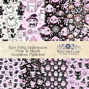 16 Boo Kitty süße Halloween nahtlose Muster-Pack - Pink & Schwarz Designs - 12 x 12 ""HD 300 DPI für Handwerk, Stoffe, Karten Print on Demand