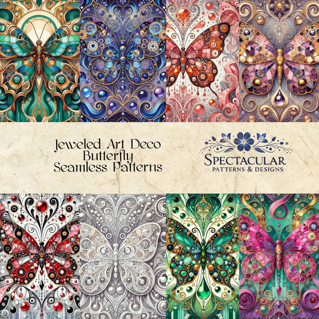 Art Deco Jeweled Butterfly Patterns: Seamless Digital Paper (300 DPI ...