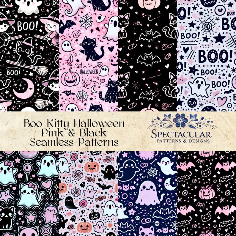 Boo Kitty Halloween Seamless Patterns: Pink & Black Designs (digital ...