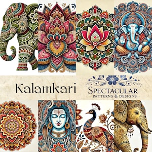 May include: A collage of colourful, intricate mandala designs, featuring elephants, peacocks, and deities. The designs are in a traditional Indian style, with vibrant colours and intricate details. The text "Kalamkari" and "SPECTACULAR PATTERNS & DESIGNS" is also included.