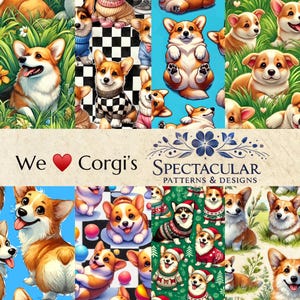 Colección de 22 adorables Corgis: bonitos patrones digitales sin costuras para manualidades e impresión a pedido
