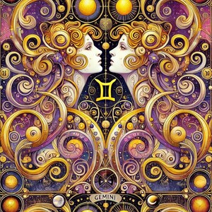 May include: A colorful illustration of the Gemini zodiac sign with two women's faces on either side of the symbol. The background is a swirling pattern of gold and purple.