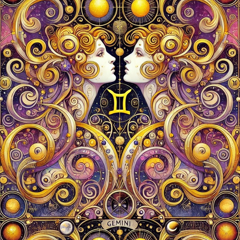 May include: A colorful illustration of the Gemini zodiac sign with two women's faces on either side of the symbol. The background is a swirling pattern of gold and purple.