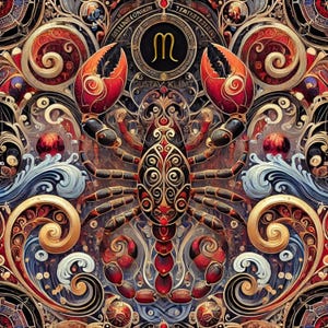 May include: A detailed illustration of a scorpion with intricate patterns and swirls in shades of gold, red, and blue. The scorpion is surrounded by ornate floral designs and the astrological symbol for Scorpio.