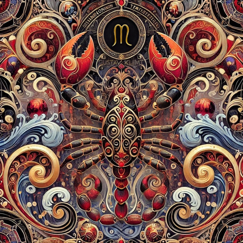 May include: A detailed illustration of a scorpion with intricate patterns and swirls in shades of gold, red, and blue. The scorpion is surrounded by ornate floral designs and the astrological symbol for Scorpio.