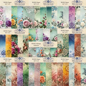 Paquete de 80 papelerías imprimibles vintage BOHO + patrones sin costuras, diseños florales y naturales, manualidades con papel digital, impresión HD a pedido