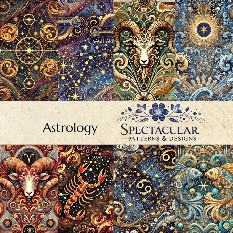 May include: A collage of colorful, intricate illustrations depicting the twelve zodiac signs. Each sign is surrounded by swirling patterns and celestial symbols. The text "Astrology Spectacular Patterns & Designs" is displayed at the bottom.