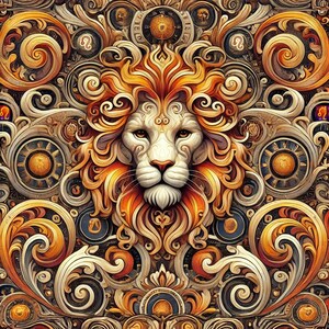 May include: A detailed illustration of a lion's head with intricate gold and orange swirls and patterns. The lion's head is surrounded by a decorative border of ornate swirls and patterns.