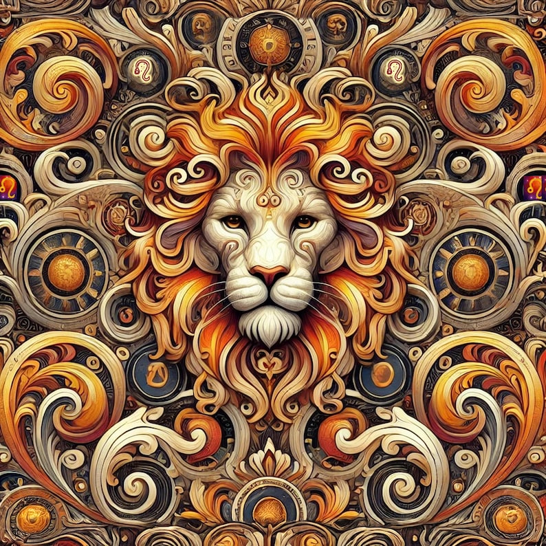 May include: A detailed illustration of a lion's head with intricate gold and orange swirls and patterns. The lion's head is surrounded by a decorative border of ornate swirls and patterns.