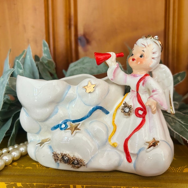 Vintage Geo Z Lefton January Angel on Cloud Planter, Lefton New Years Rhinestone Angel with Stars, Lefton Angel of the Month January 165