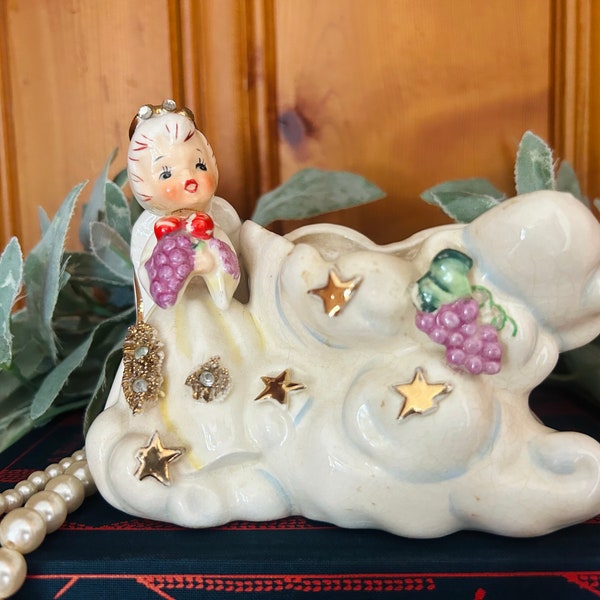 Vintage Geo Z Lefton November Angel on Cloud Planter, Lefton Harvest Rhinestone Angel with Stars, Lefton Angel of the Month November 165